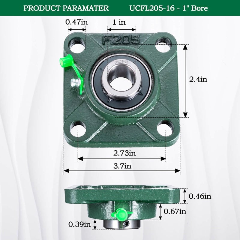 SHINICO Pillow Block Bearing 1 inch Shaft Bore, Square Flange Mounted UCF205-16 Solid Cast Iron Base, Swamp Cooler Parts, Self-Aligning, 2Pack - Image 2